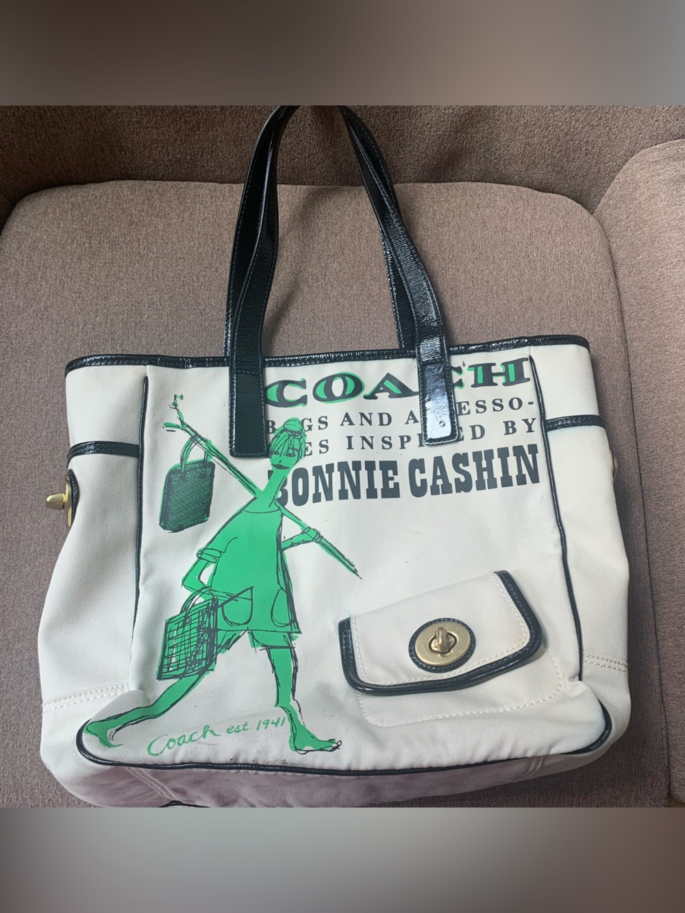 Coach Bonnie Cashin canvas toto bag. Green and beige